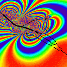 Graphic: brightly colored rings that look like a butterfly with black lines running diagonally