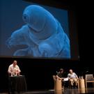 &ldquo;Science Friday&rdquo; host Iraw Flatow and Professor Emeritus John Crowe, on stage, with picture of a tartigrade (enlarged) on screen