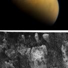 Two photos: top of a moon, bottom of wind tunnel studies showing smudges of white against a black background.