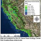 Map of California with colored dots indicating costs of highway incidents involving vehicles and wildlife