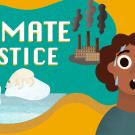 Illustration of brown-skinned, brown-haired person looking panicked and wide-eyed with backdrop of polar bear, melting ice and the worlds "climate justice)