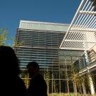 Gallagher Hall, a glass building in shadow