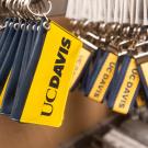 Yellow key tags with UC Davis logo and navy blue fobs on a metal rack
