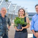 Three smiling adults outdoors near greenhouses, woman center holding potted green plant