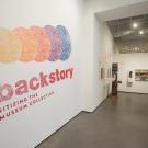 Colorful wall text reading "backstory" and "digitizing the museum collection" in a gallery.