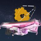 Illustration of James Webb Space Telescope with gold hexagonal mirror and pink sunshield