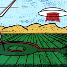 Stylized illustration of wind turbine, cell tower, UFO, crop circles and a plane with contrails