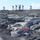 Hikers in background crossing a lava field. 