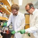 Two white men stand at a laboratory bench. They wear white lab coats, green gloves and safety glasses. 