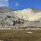 Two people from a distance hike with a mountain of boulders and a few trees in the background. UC Davis ecologist trekked to some of California's highest peaks to find high-altitude Jeffrey pine trees. (Kat Kerlin / UC Davis)