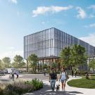 Rendering of the proposed new small animal hospital at the UC Davis Weill School of Veterinary Medicine as shown from Garrod Drive. The four-story building has a glass facade. A few students are shown walking a dog on the sidewalk in front of the building.