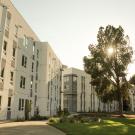 A four story apartment building with sun breaking through a nearby tree