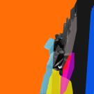 Composite art work illustrating a border issues in orange, blues and black