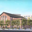 Rendering of Aggie Square's "Building on the Square" with blue sky on background.