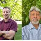 Two headshots of UC Davis faculty with backdrops of trees: the professor on the left is smiling in a short-sleeved shirt with his arms crossed, and the professor on the right has a slight smile and a checkered dress shirt 