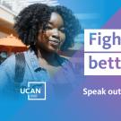 "Fight for a better future" UCAN promotion, with image of student