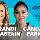 Promotional graphic with headshot photos of two smiling women on teal background