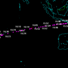 Map of the world outlined in green on a black background, with a purple meteor track across it