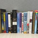 Mixed hardcover and paperback books lined up on a light wooden shelf against a gray wall