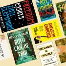 assorted colorful book covers arranged on a pale yellow background