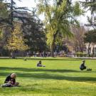 Students sitting spaced out on the quad