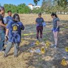People in a sunny field examining numbered yellow evidence markers