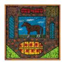 A colorful stained glass artwork featuring a brown horse against a blue sky.