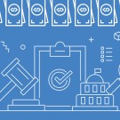 Blue background illustration showing white line-art icons related to funding and research administration, including stacks of dollar bills at the top, a gavel, scales of justice, a clipboard with a checkmark, a government building, a magnifying glass over file binders, and various small decorative symbols.”