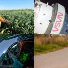 Four-photo collage: farmer harvesting in field; space capsule; telescope from inside observatory; brown dog on road