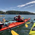 Group of kayakers in colorful kayaks on calm blue lake near forested shore