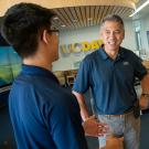 Police Chief Joe Farrow talks to students in the UC Davis Welcome Center in 2018.