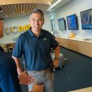 Police Chief Joe Farrow talks to students in the UC Davis Welcome Center in 2018.