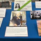 Museum table with historical photographs, documents and newspaper clippings on blue cloth.