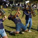 Marching band performers play at pep rally