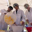 Group of people in lab coats and hair nets mix orange ice cream in large tubs outdoors