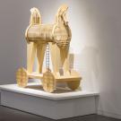 Two-headed horse-like figure in wood is part of Manetti Shrem Museum exhibitions