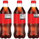Five bottles of cola with various labels on red backgrounds.