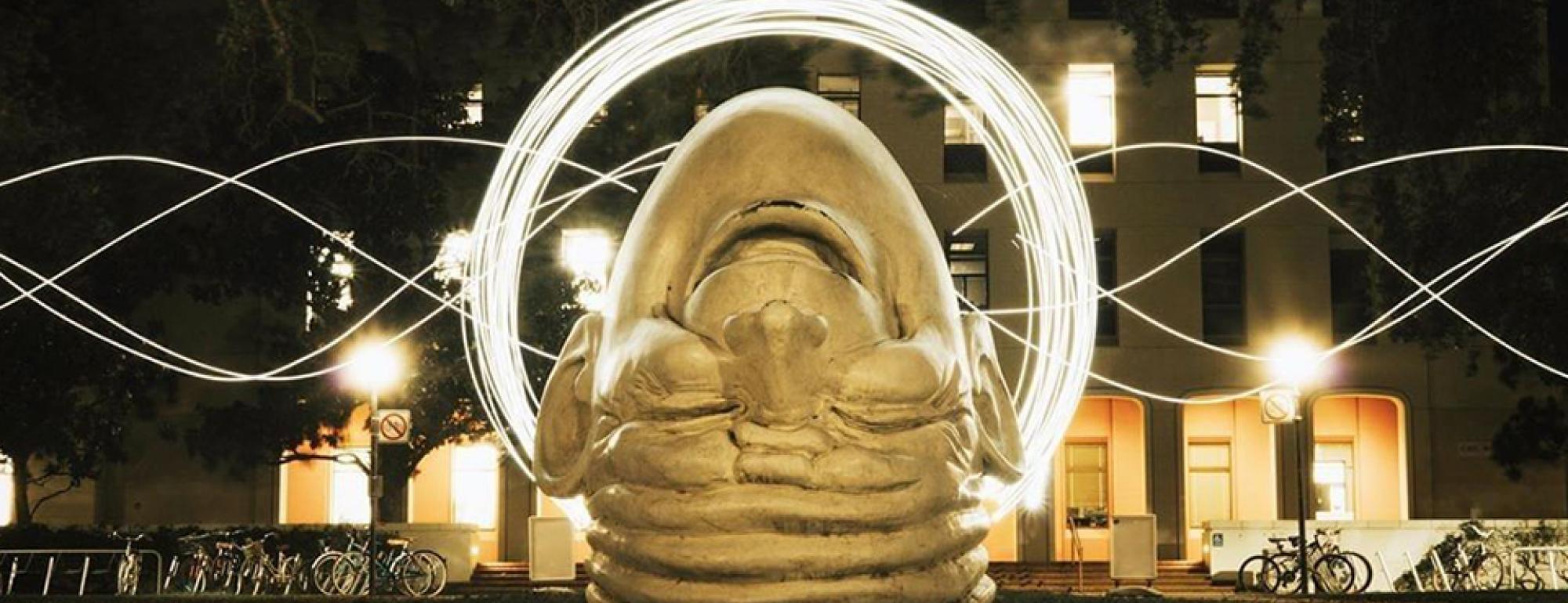 egghead statue in front of mrak hall at uc davis
