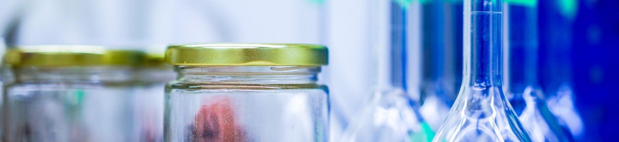 various glass containers in lab