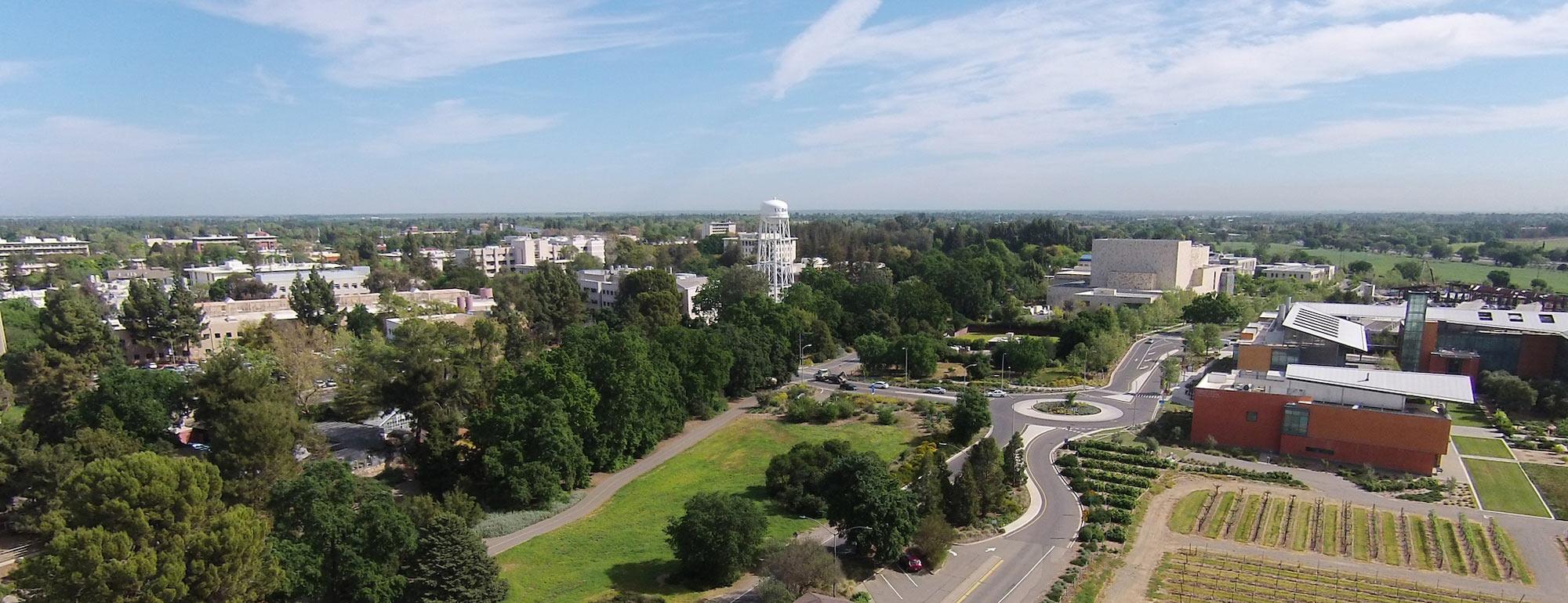 An aerial view of the western entrance to the UC Davis campus