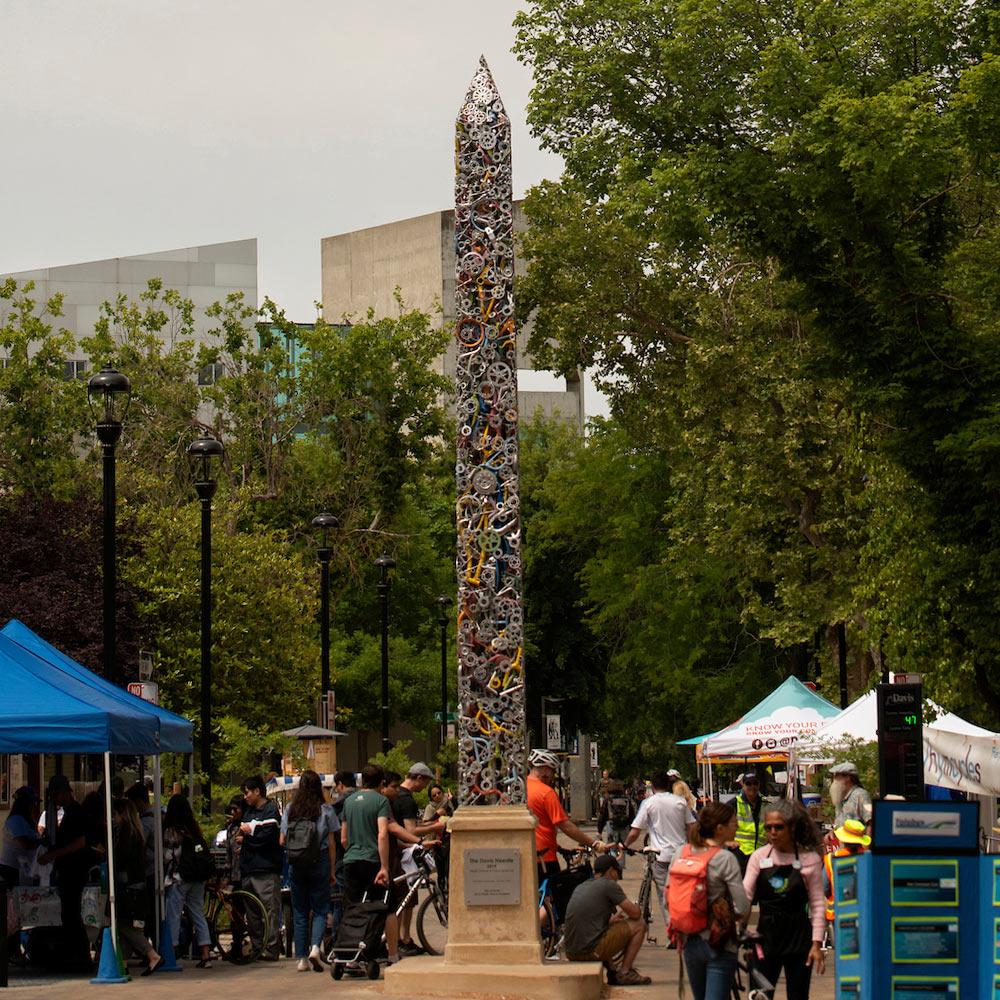 An obelisk made of bicycle parts in downtown Davis, ca