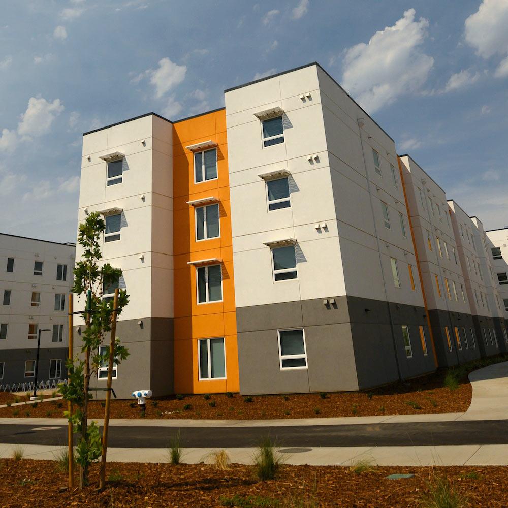 A view of the residential units at the Green in West Village at UC Davis