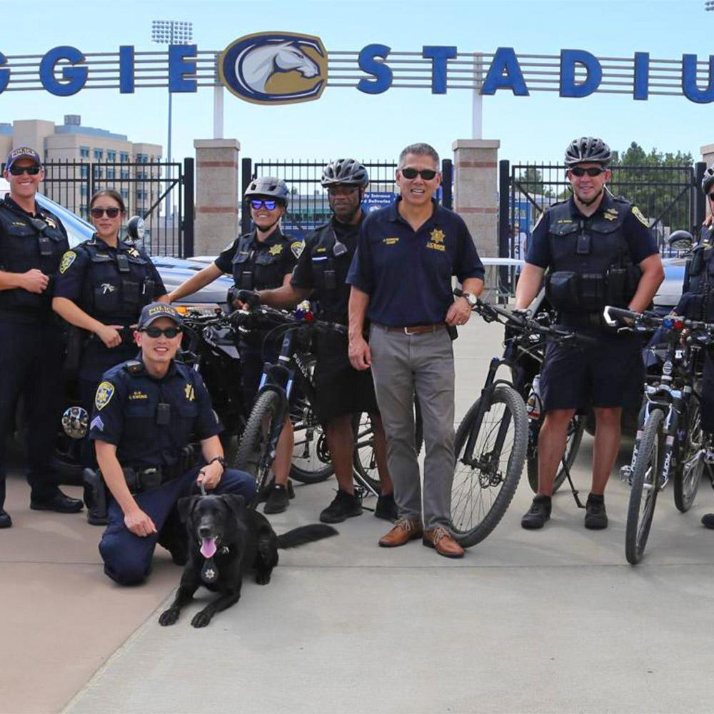 UC Davis police gathered for a portrait in front of UC Davis Health Stadium