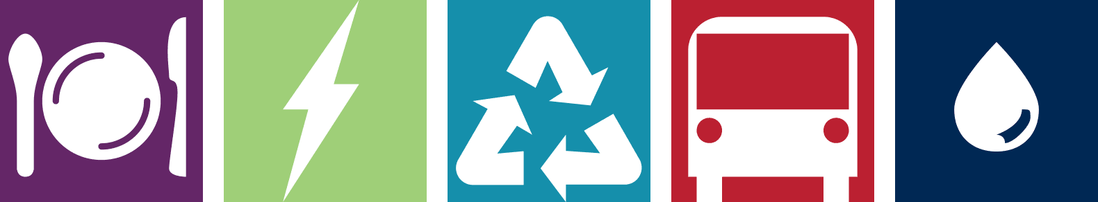 a line of graphic buttons for sustainability fir food, energy, waste, commuting and water