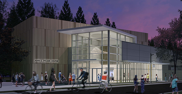 Rendering of a university building with people walking in front of it