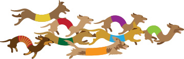 Graphic of many colored dachshunds running