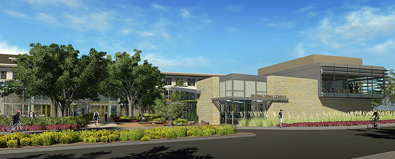 Rendering of a university building with a sign that says International Complex