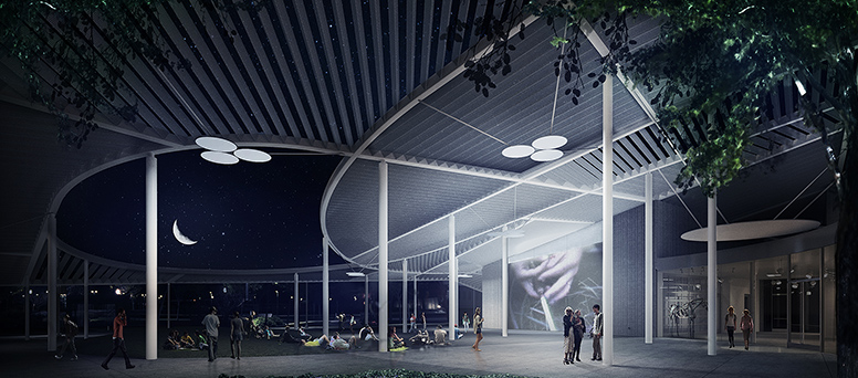 Rendering of a night scene of a museum canopy and people walking about
