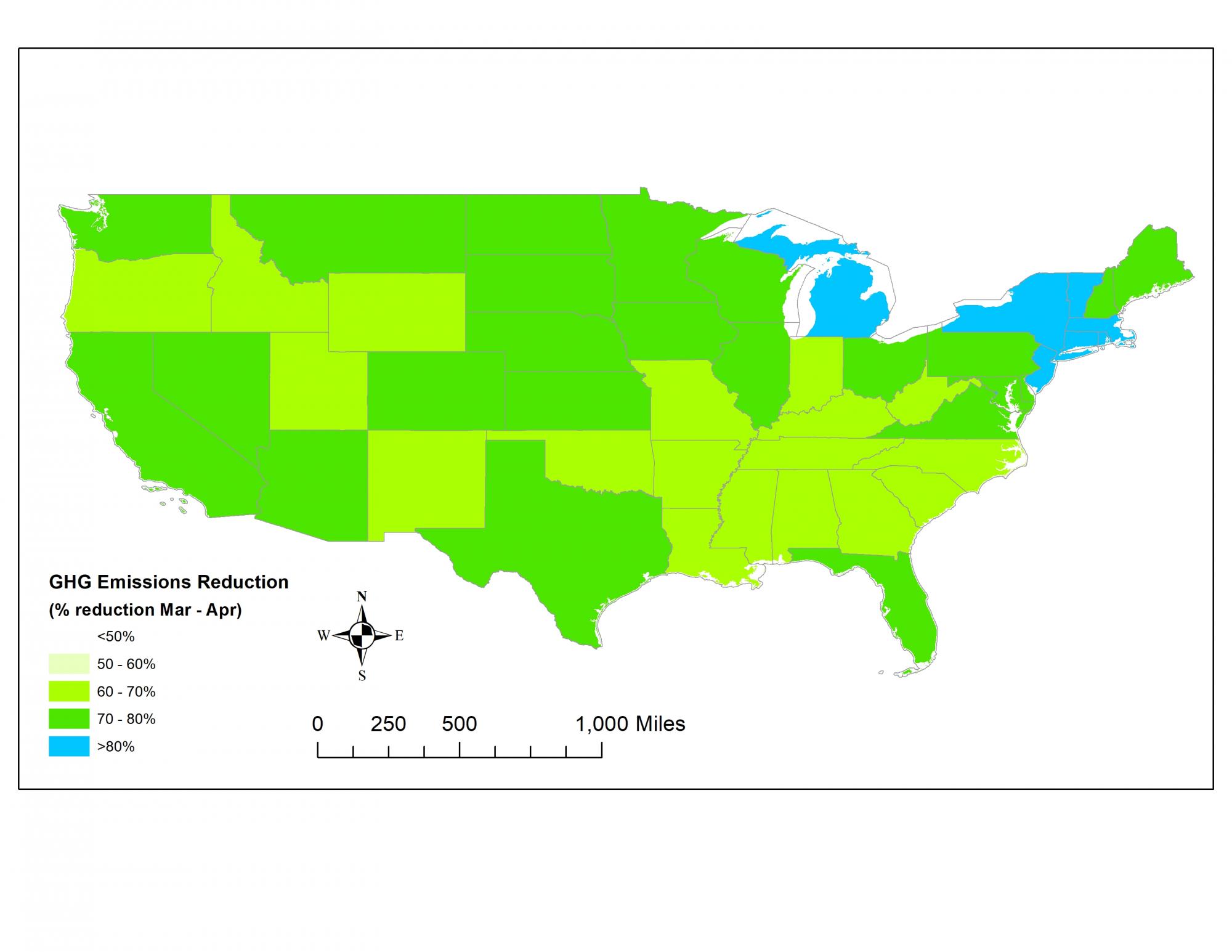 GHG transport emissions reductions map during COVID19 shelter-in-place orders.