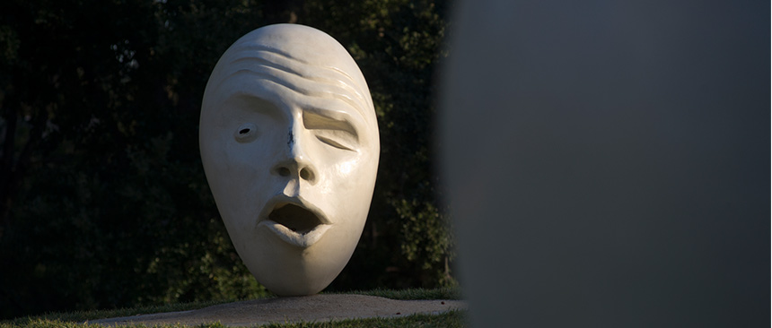 One of two sculptures of the "See No Evil Hear No Evil" Eggheads